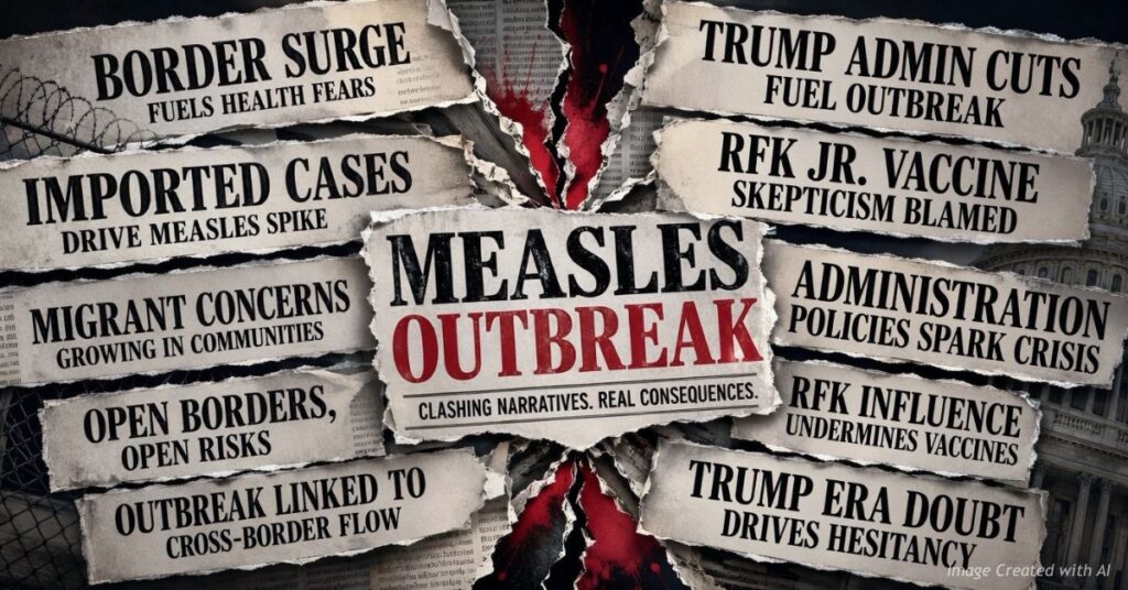 Newspaper collage with torn headline clippings stacked on two sides around a central "Measles Outbreak" headline. Left side shows border and immigration-framed headlines; right side shows Trump administration and RFK Jr.-framed headlines. Tagline reads "clashing narratives, real consequences."