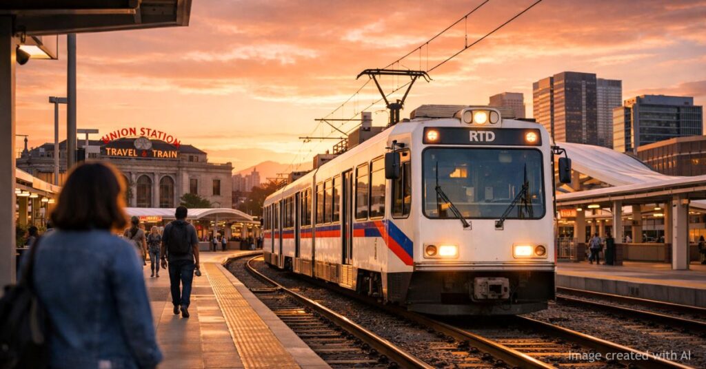 RTD light rail train at Denver Union Station during sunset with commuters