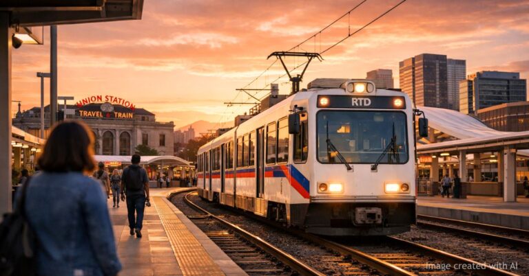 RTD light rail train at Denver Union Station during sunset with commuters