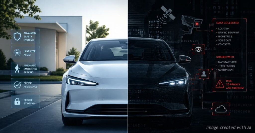 Split image of safe car vs surveillance car showing privacy tension