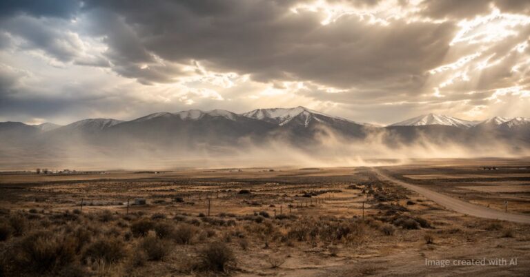 Dust storm over mountainous landscape