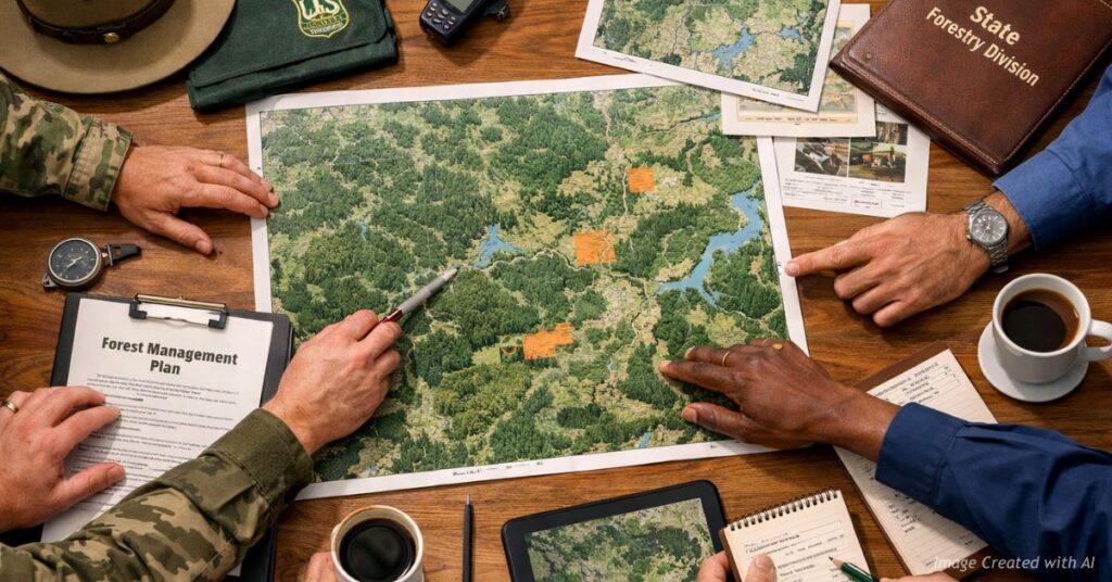 Hands around a table reviewing forest maps symbolizing shared decision-making