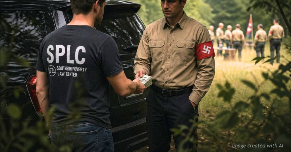 Man in SPLC shirt secretly hands cash to uniformed individual with red armband near vehicle in rural field