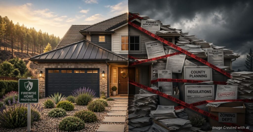 Split home showing mitigation vs government control in insurance policy debate
