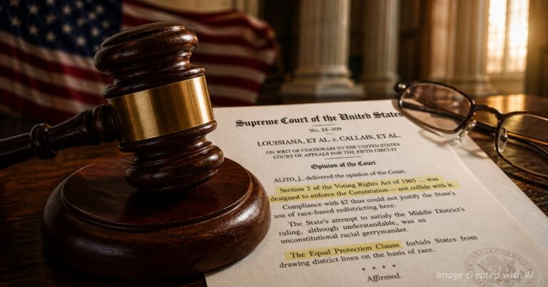 Supreme Court gavel on official opinion highlighting equal protection and voting rights law