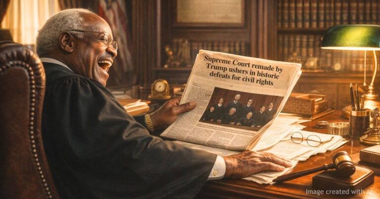 Supreme Court justice reacts while reading newspaper headline about civil rights rulings
