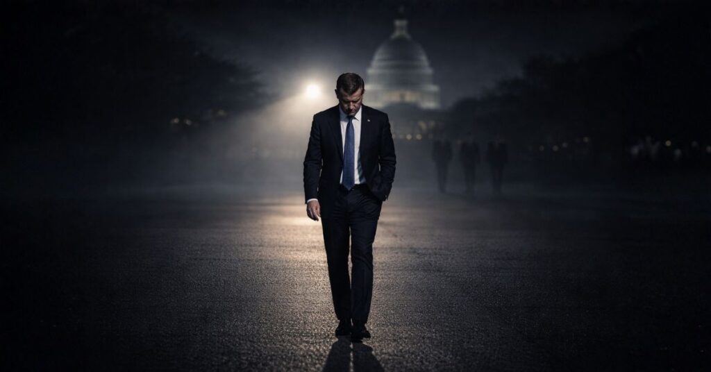 Congressman in spotlight with Capitol backdrop suggesting political pressure