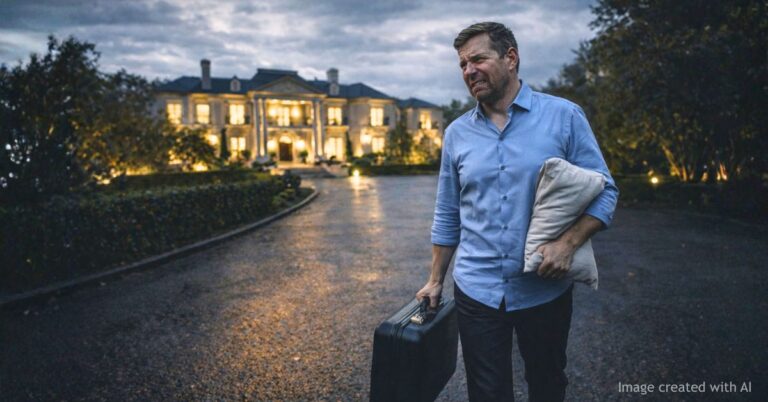 Politician leaving Beverly Hills mansion with suitcase, symbolizing scandal and political fallout