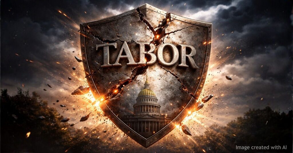 Cracked shield labeled TABOR symbolizing weakened taxpayer protections in Colorado