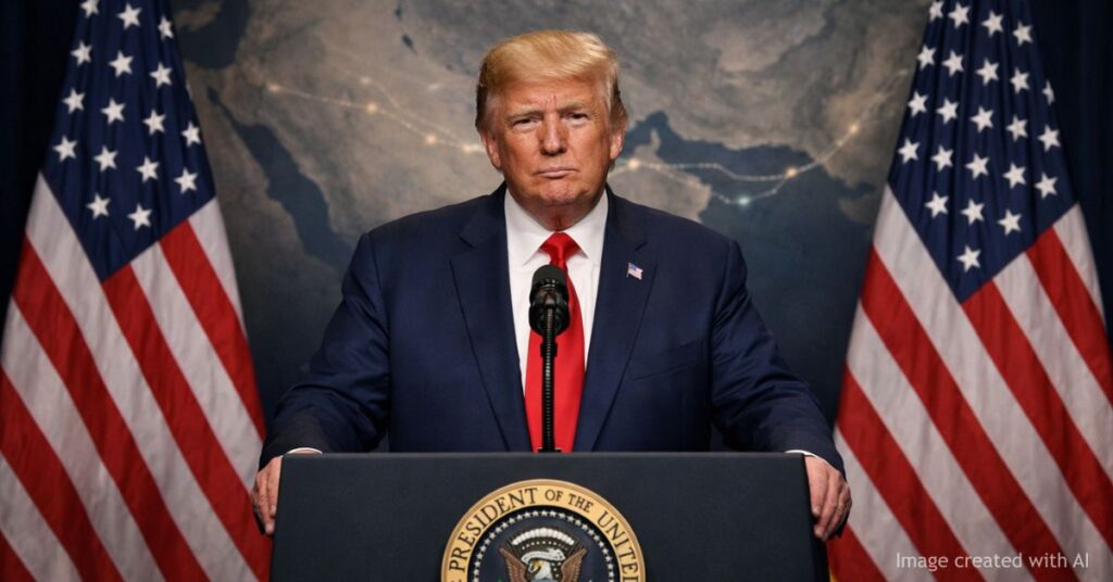 President Trump announces Iran ceasefire with subtle Strait of Hormuz map overlay