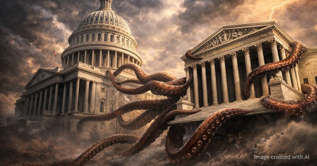 Capitol building tentacles pulling Supreme Court building in symbolic power struggle