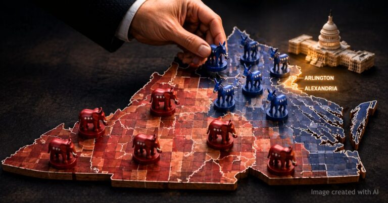 Donkey and elephant chess pieces on Virginia map show redistricting strategy battle