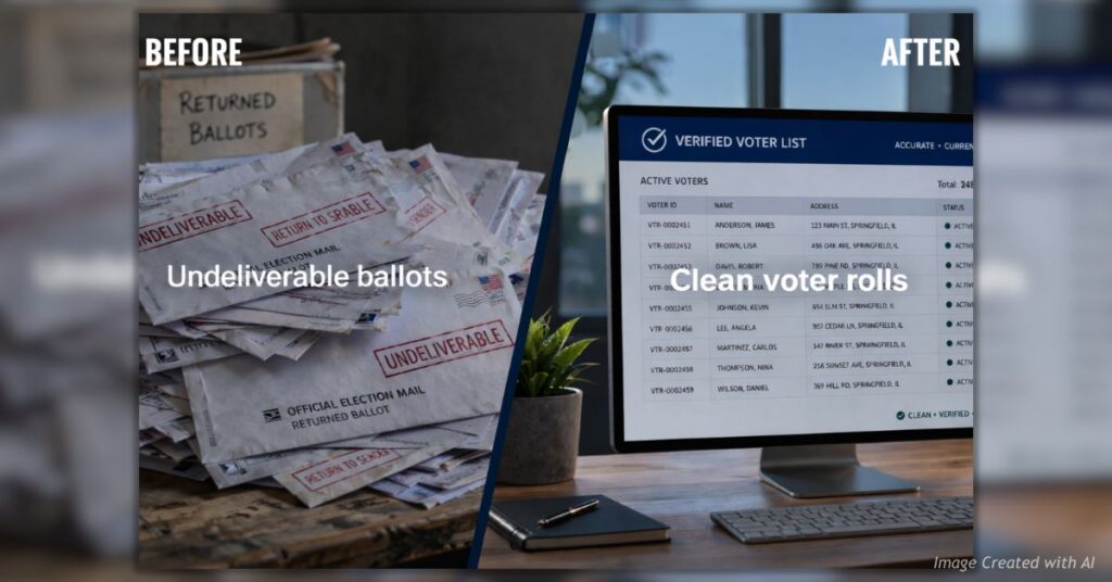 Before and after voter roll cleanup showing undeliverable ballots vs organized records