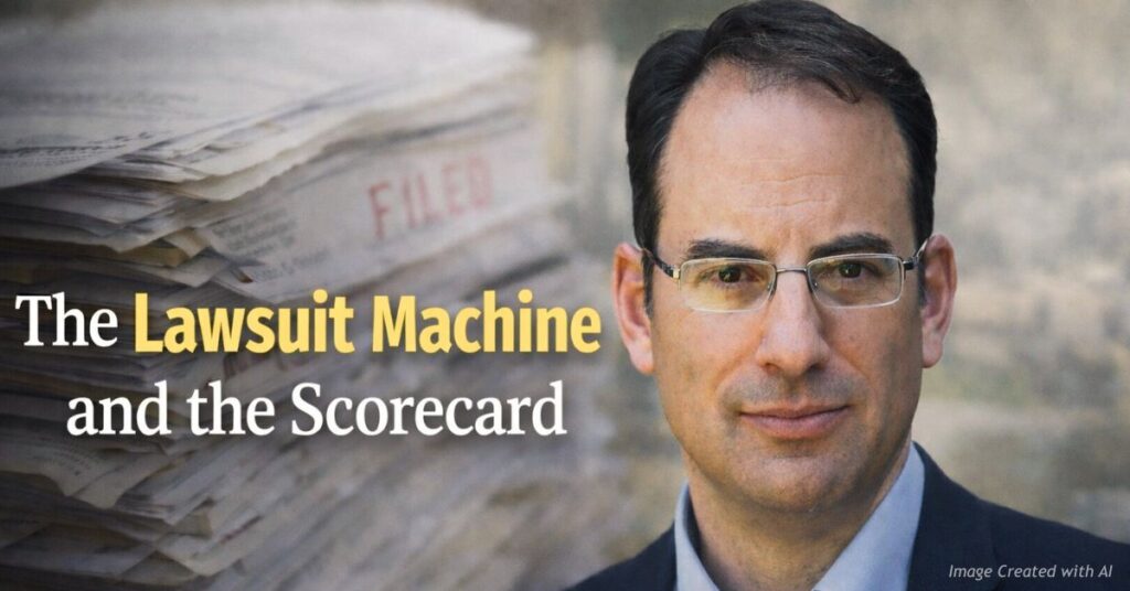 Phil Weiser with lawsuit documents background highlighting “The Lawsuit Machine and the Scorecard”