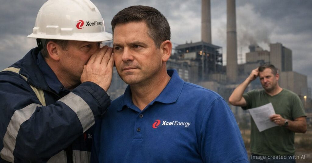 Xcel workers whisper near coal plant as confused ratepayer looks on holding bill