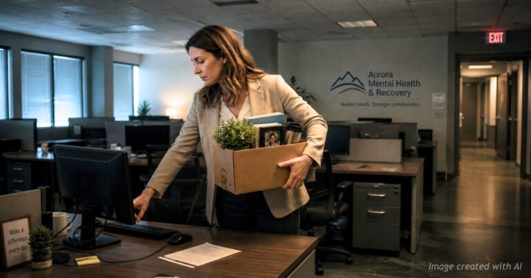 Woman packs belongings and shuts down computer in empty office after layoffs