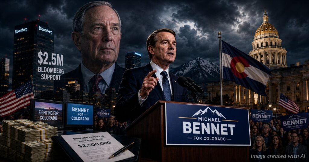 Michael Bennet speaks at a Colorado rally while Bloomberg looms symbolically in the background.