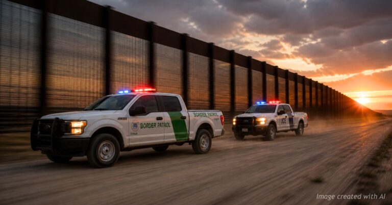 Border Patrol and ICE trucks with flashing lights drive along a road beside a border wall at sunset