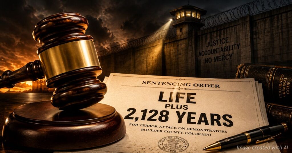 Judge’s gavel and prison imagery representing Boulder firebombing sentence.