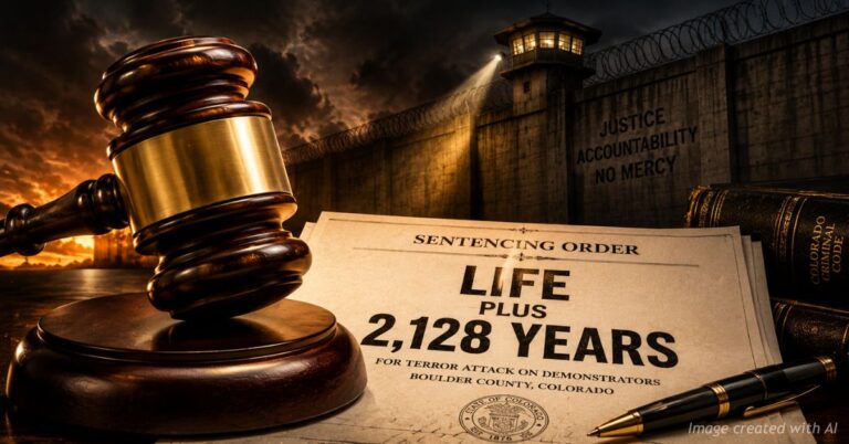 Judge’s gavel and prison imagery representing Boulder firebombing sentence.