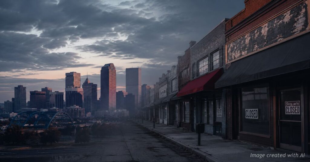 Denver skyline fading into closed storefronts symbolizing Colorado business losses
