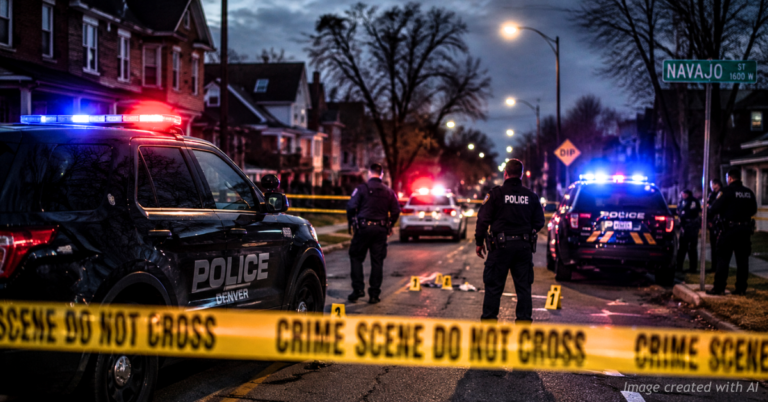 Police officers investigate a nighttime crime scene in a Denver neighborhood behind yellow crime scene tape.