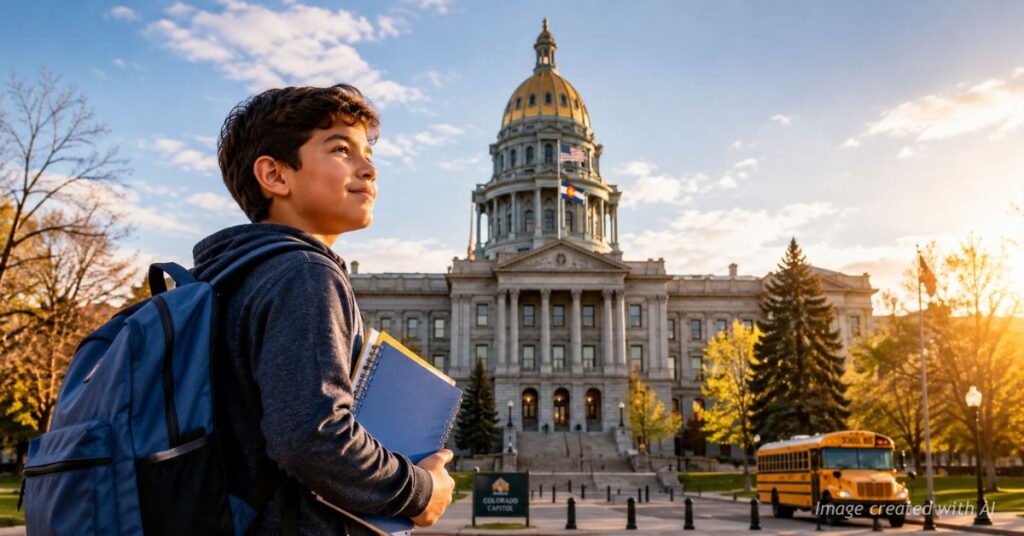Colorado student stands near the State Capitol symbolizing education opportunity and school choice.