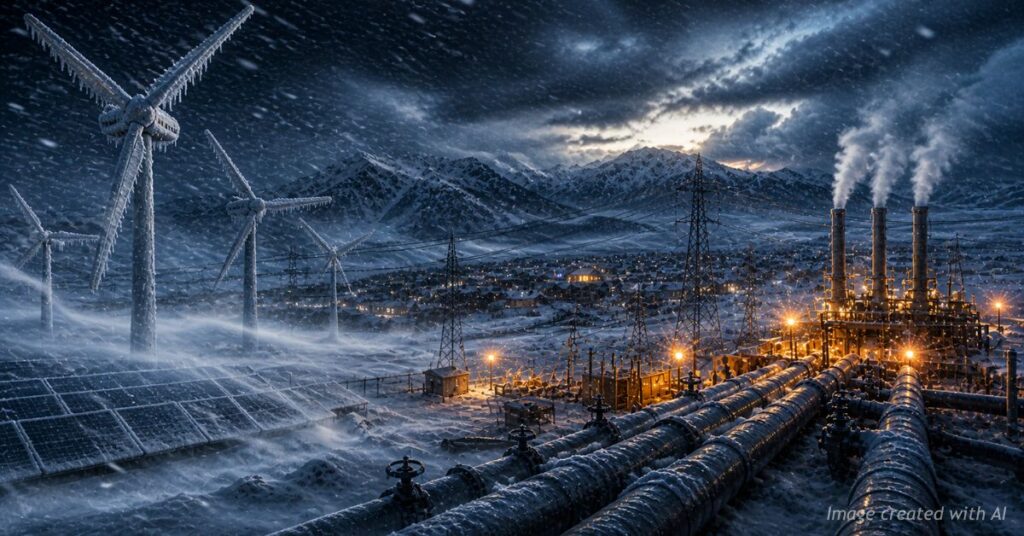 Frozen wind turbines and active gas infrastructure during Colorado storm