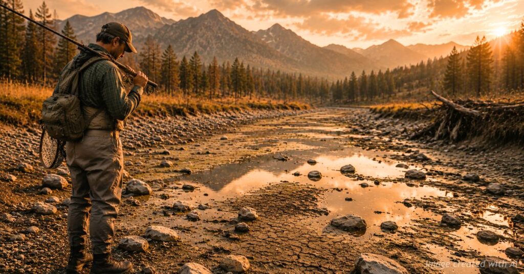 Fly fisherman stares at drought-stricken Colorado river in despair.