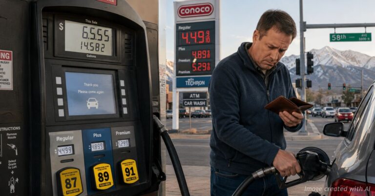 Colorado driver fueling SUV at $4.49 per gallon gas station amid rising fuel costs.