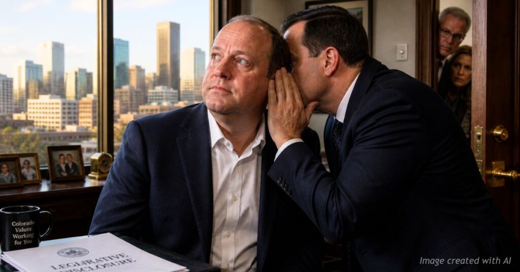 Man resembling Colorado governor listens as suited figure whispers, with Denver skyline and observers in doorway