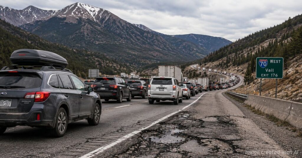 Heavy traffic backs up along Interstate 70 through the Colorado mountains beside cracked and deteriorating pavement.