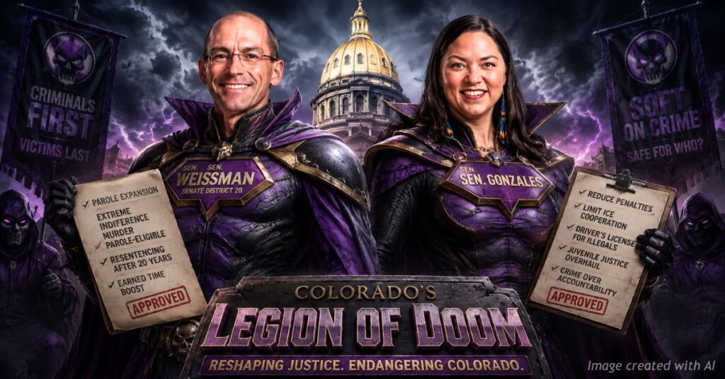 Mike Weissman and Julie Gonzales depicted as comic-style villains outside the Colorado Capitol in an editorial illustration.