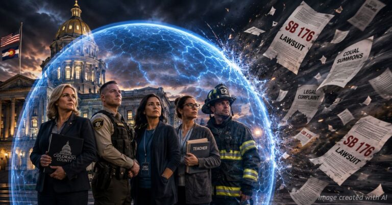 Colorado public workers stand behind a glowing force-field shield blocking lawsuit documents.