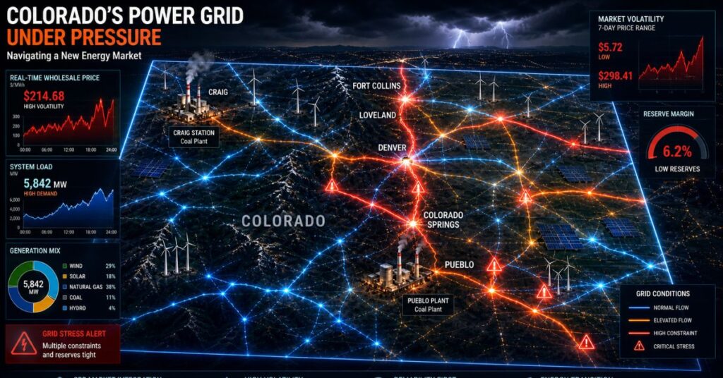 Colorado power grid map shows energy flow surges and system strain at night