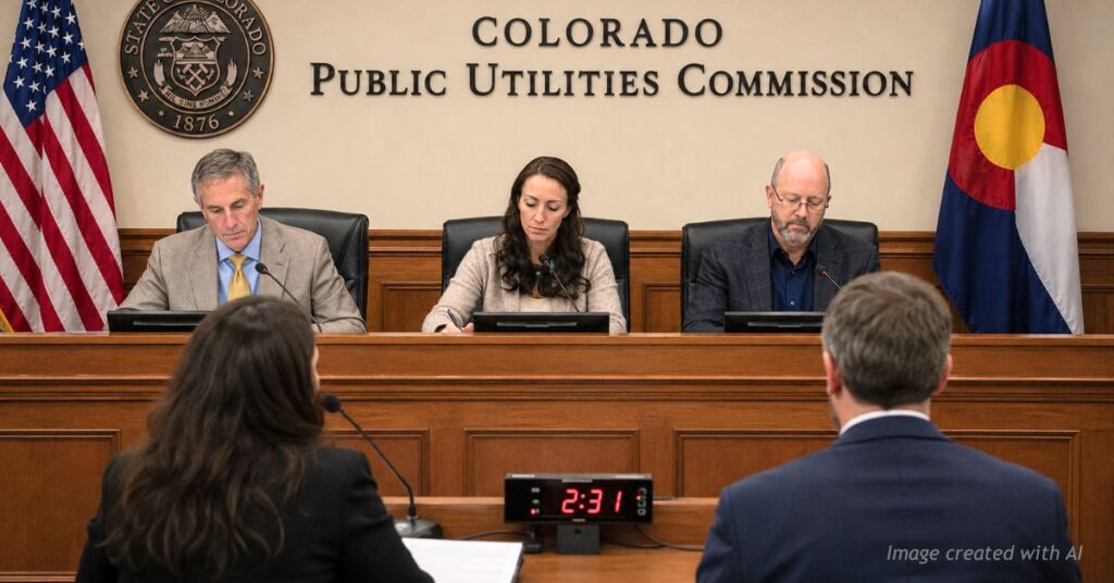 Colorado Public Utilities Commission hearing with commissioners reviewing testimony as speaker addresses panel