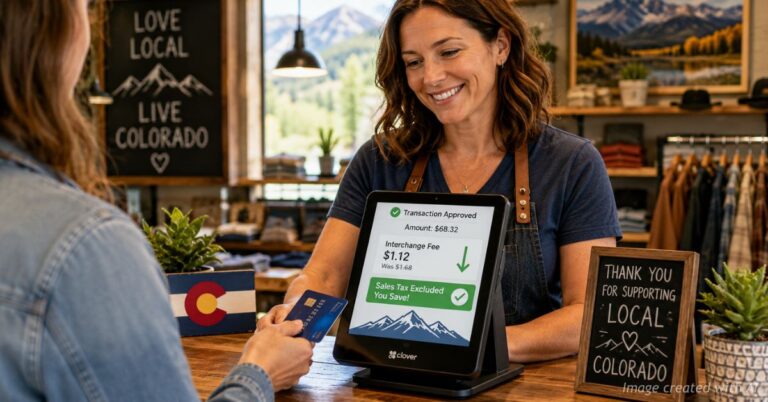 Colorado small business owner processing customer payment with reduced swipe fee graphics.