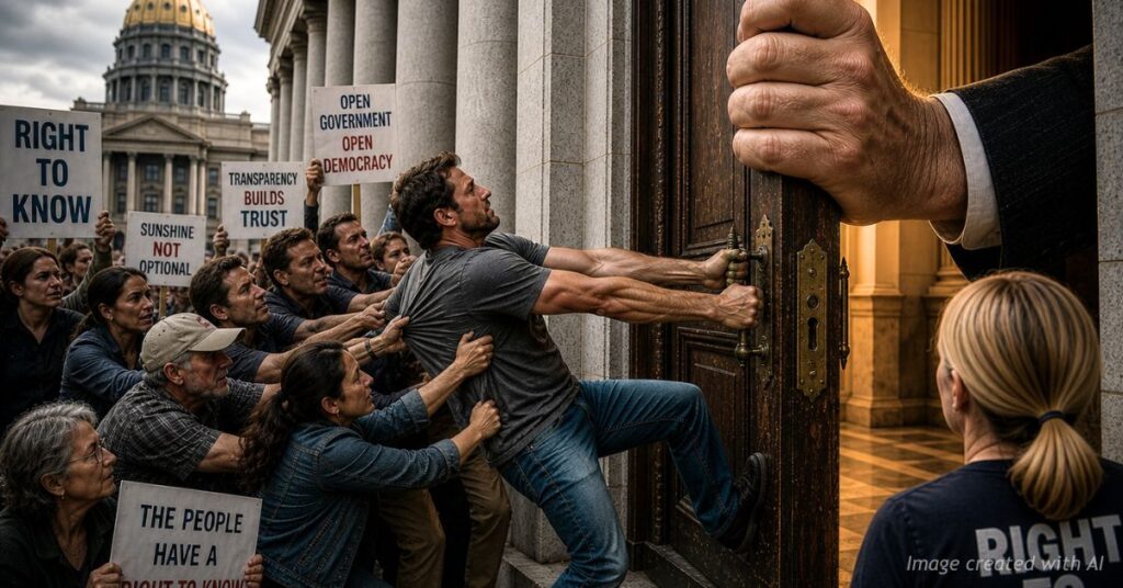 Citizens pull open government building door as giant hand tries to shut it, symbolizing fight for transparency