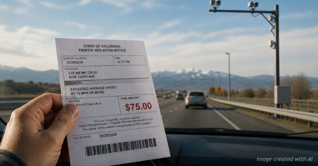 Driver holding $75 speeding ticket with highway camera in background