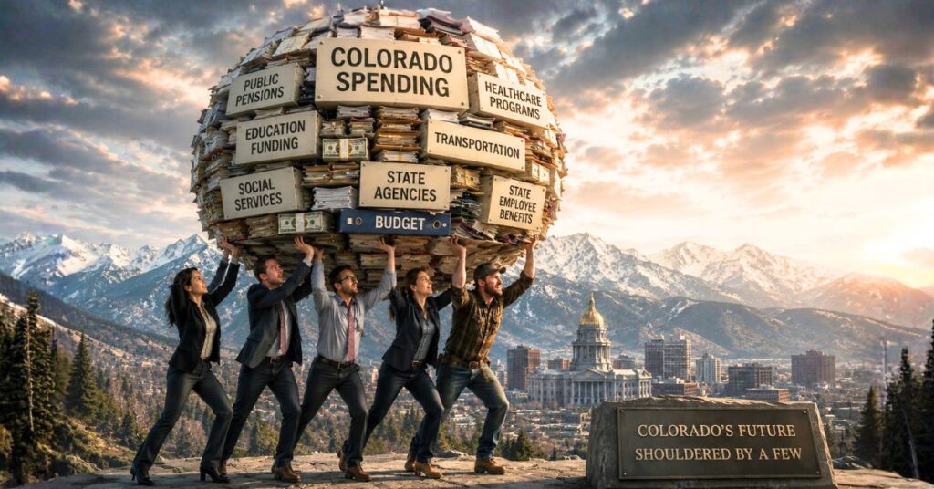 Five Colorado taxpayers struggle to carry massive government spending burden in editorial illustration.