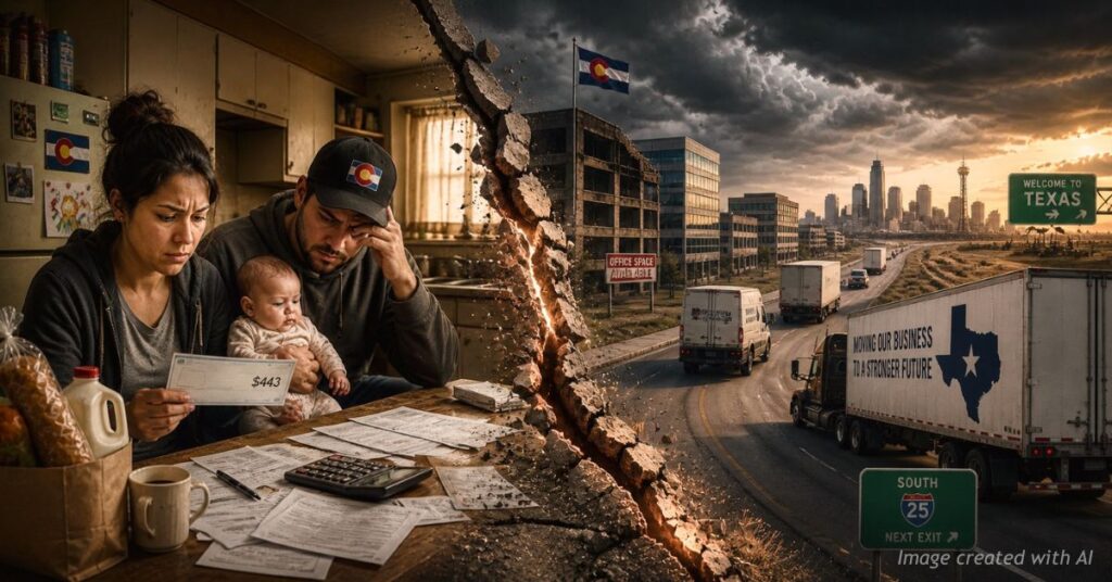 A Colorado family reviews a $443 tax credit check at their kitchen table while moving trucks head south on I-25 toward Texas as businesses leave the state.