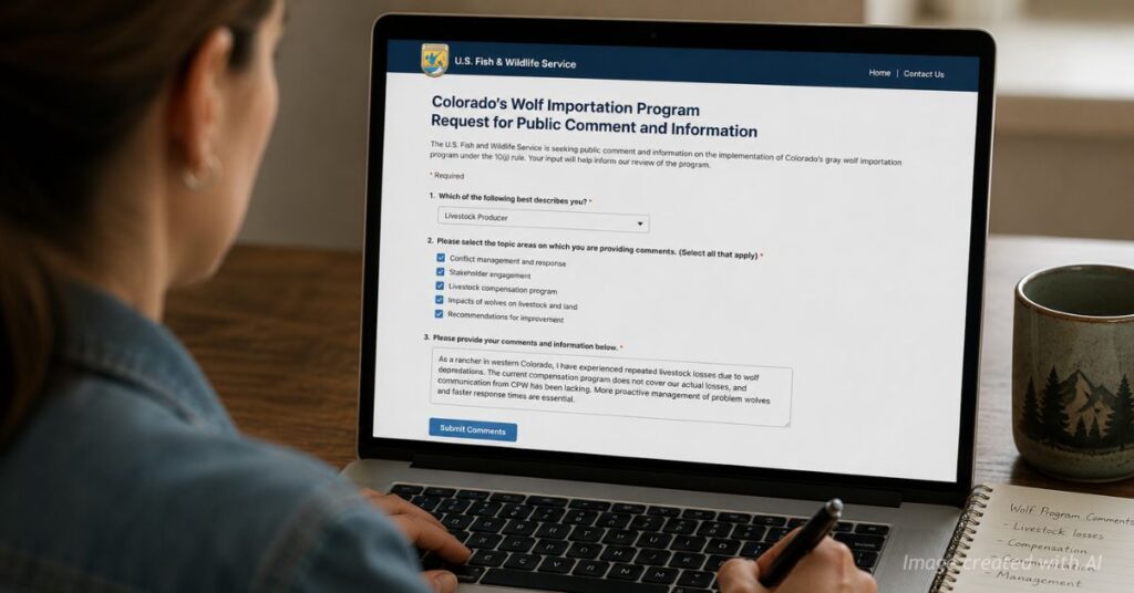 Woman submits comments on federal Colorado wolf reintroduction review form on U.S. Fish and Wildlife website.