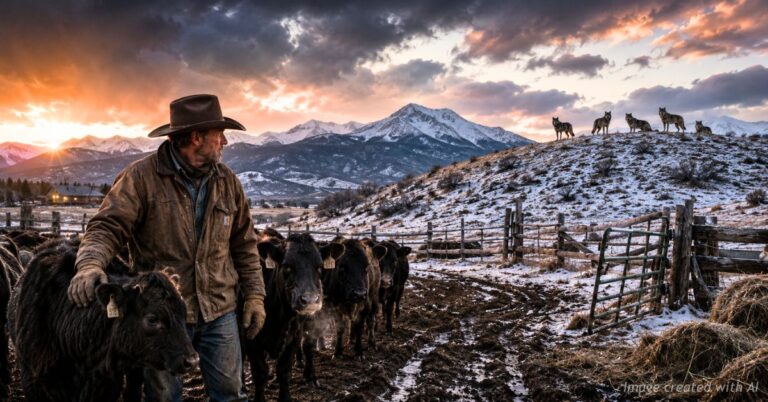Colorado rancher stands beside cattle while wolves watch from snowy ridge.