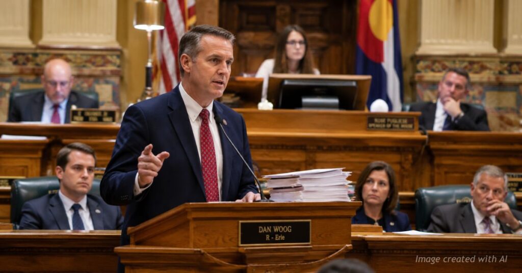 Rep. Dan Woog speaks at podium in Colorado House chamber during tense legislative debate