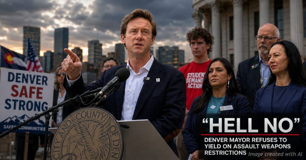 Denver Mayor Mike Johnston speaks defiantly at a press conference over DOJ gun lawsuit.