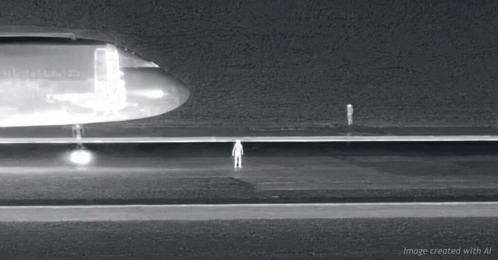 Infrared airport security image showing Frontier aircraft approaching a trespasser on a DIA runway at night.