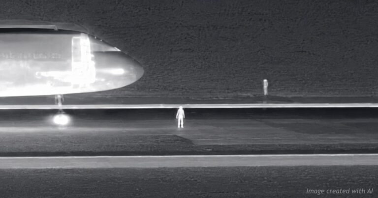 Infrared airport security image showing Frontier aircraft approaching a trespasser on a DIA runway at night.