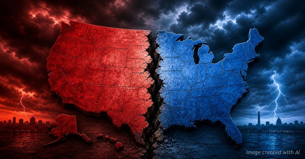 Cracked US map showing political division and national tension