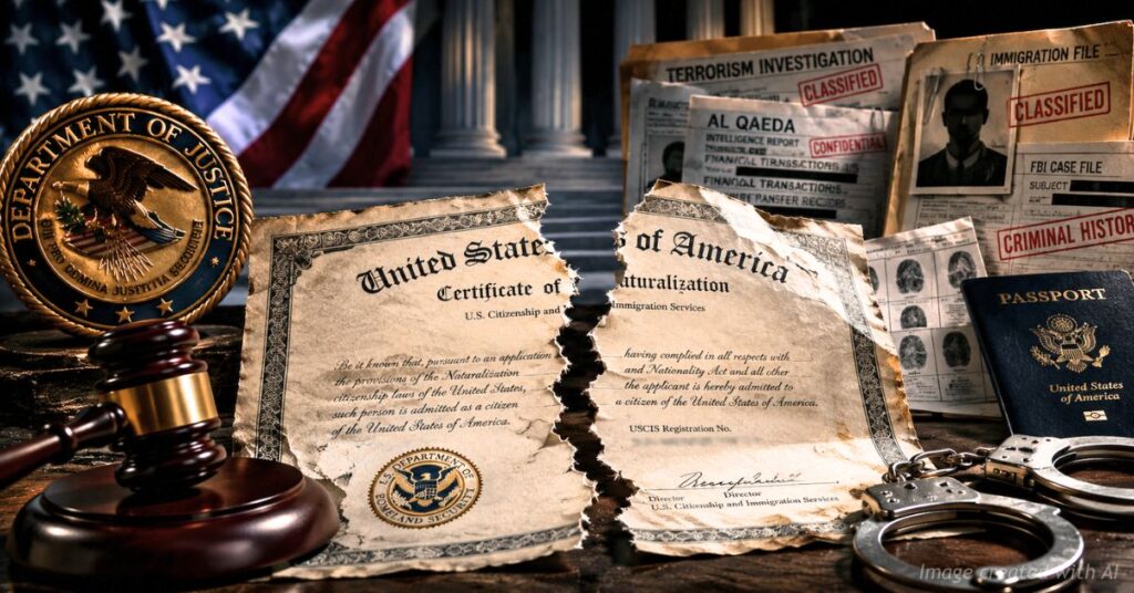 Torn US naturalization certificate beside federal gavel and DOJ seal.