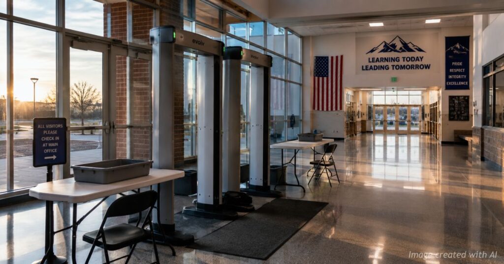 Empty school metal detector screening area inside a Colorado public school entrance.